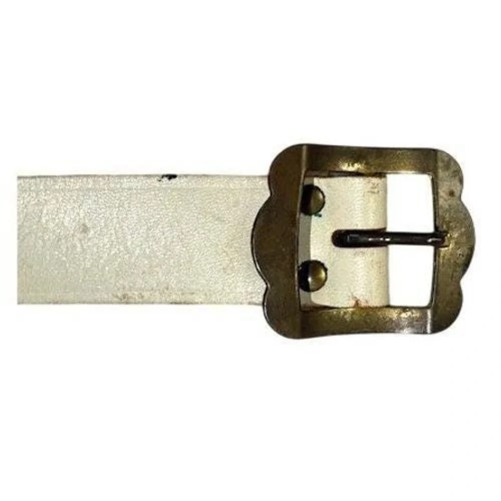 Vintage White‎ Leather Belt Brass Cow Herder Swiss Folk Art Cottagecore 33 Inch